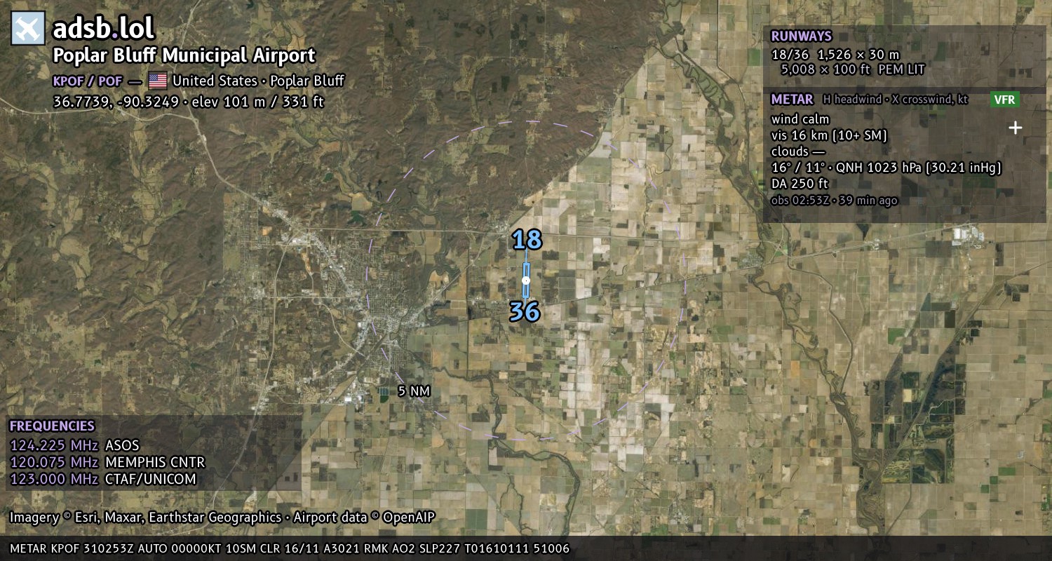 Satellite map with the runway layout of Poplar Bluff Municipal Airport (KPOF)