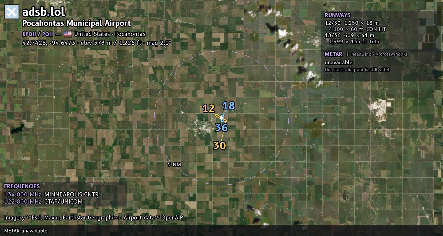 Satellite map with the runway layout of Pocahontas Municipal Airport (KPOH)