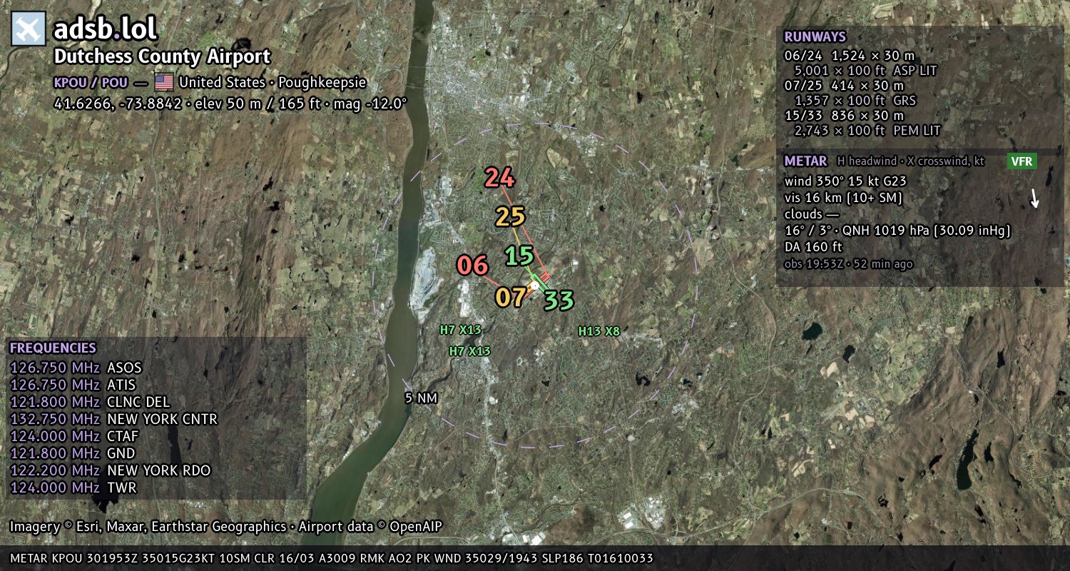 Satellite map with the runway layout of Dutchess County Airport (KPOU)