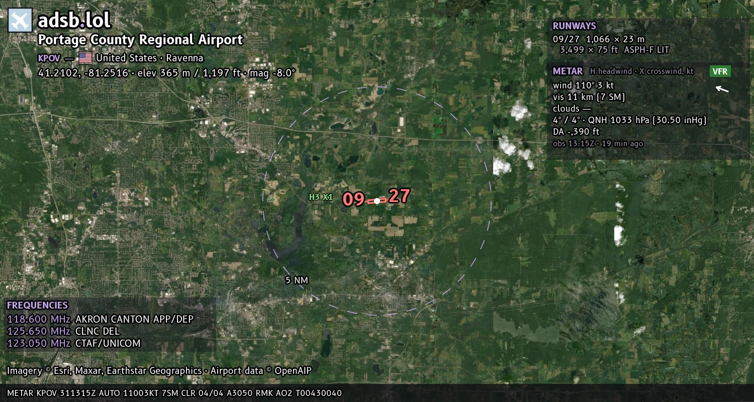 Satellite map with the runway layout of Portage County Regional Airport (KPOV)
