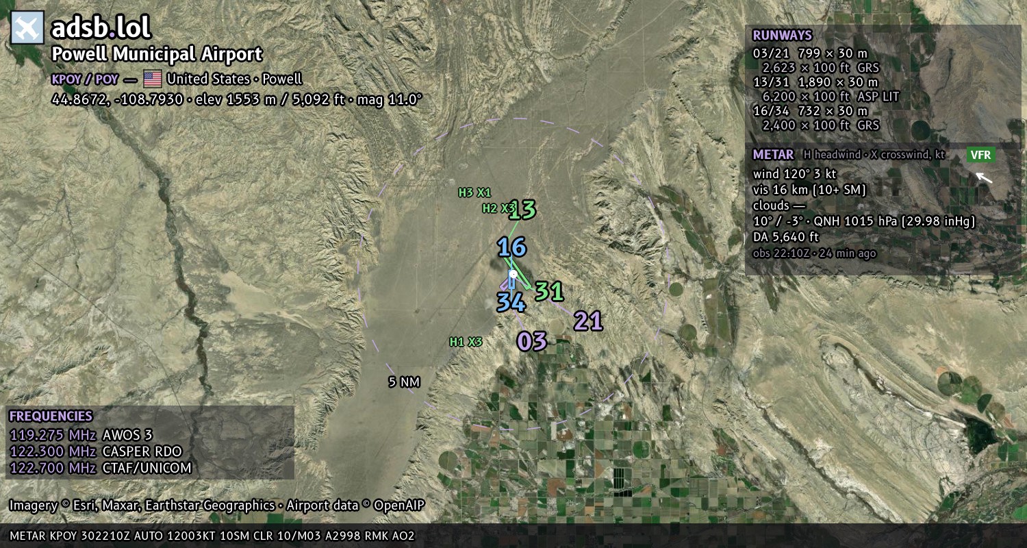 Satellite map with the runway layout of Powell Municipal Airport (KPOY)