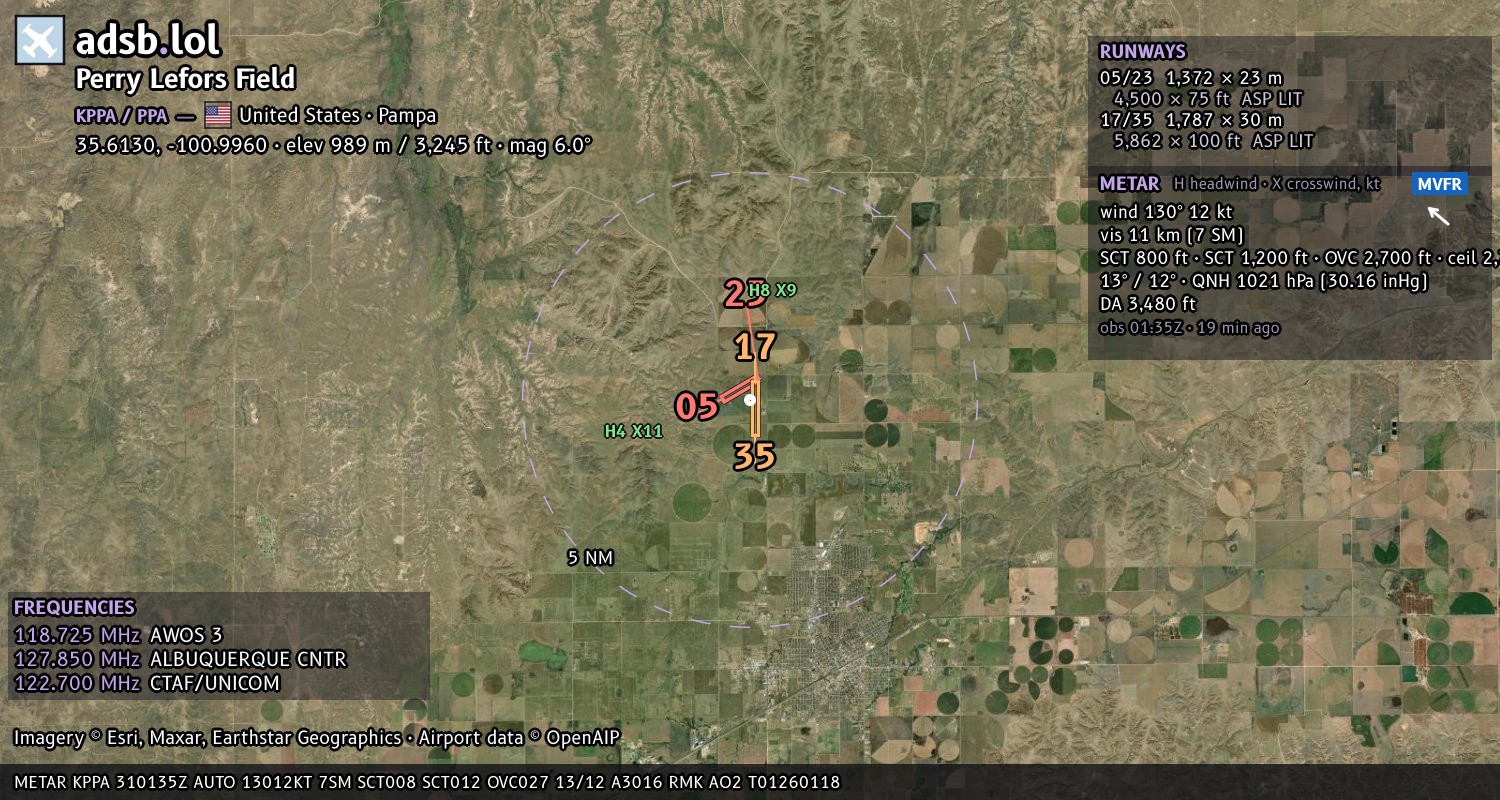 Satellite map with the runway layout of Perry Lefors Field (KPPA)