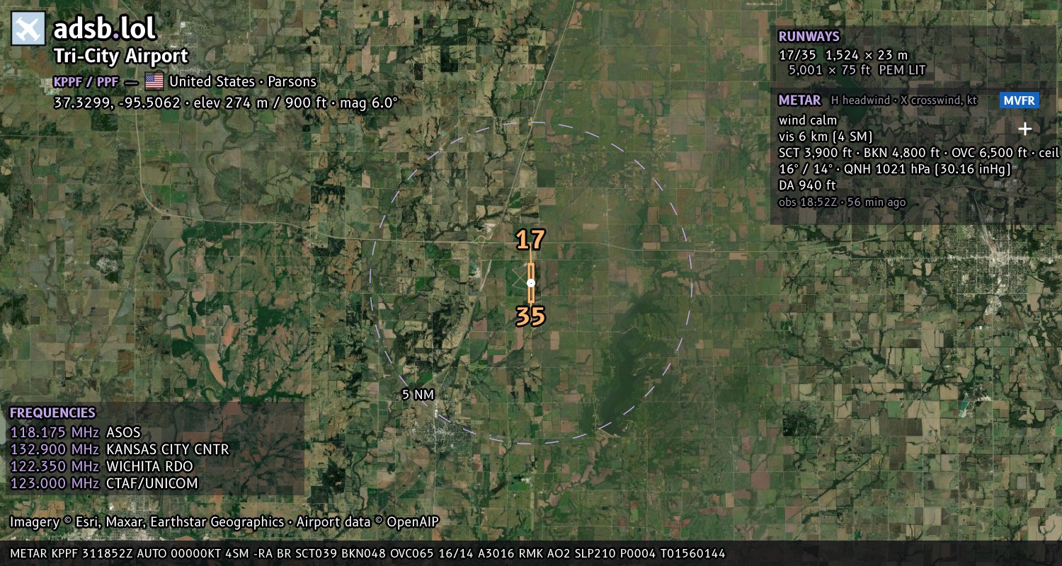 Satellite map with the runway layout of Tri-City Airport (KPPF)