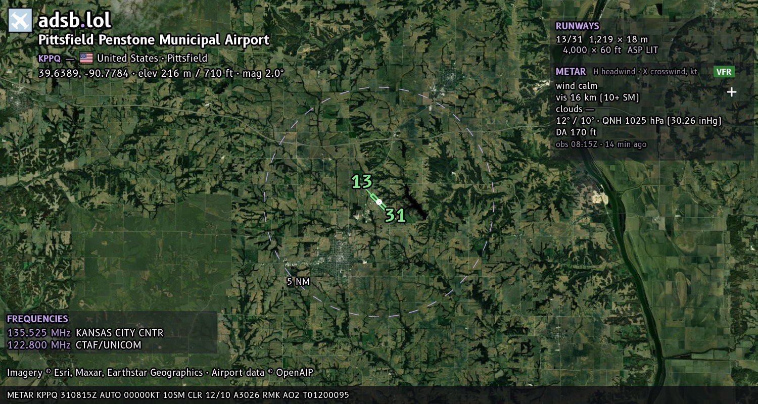 Satellite map with the runway layout of Pittsfield Penstone Municipal Airport (KPPQ)