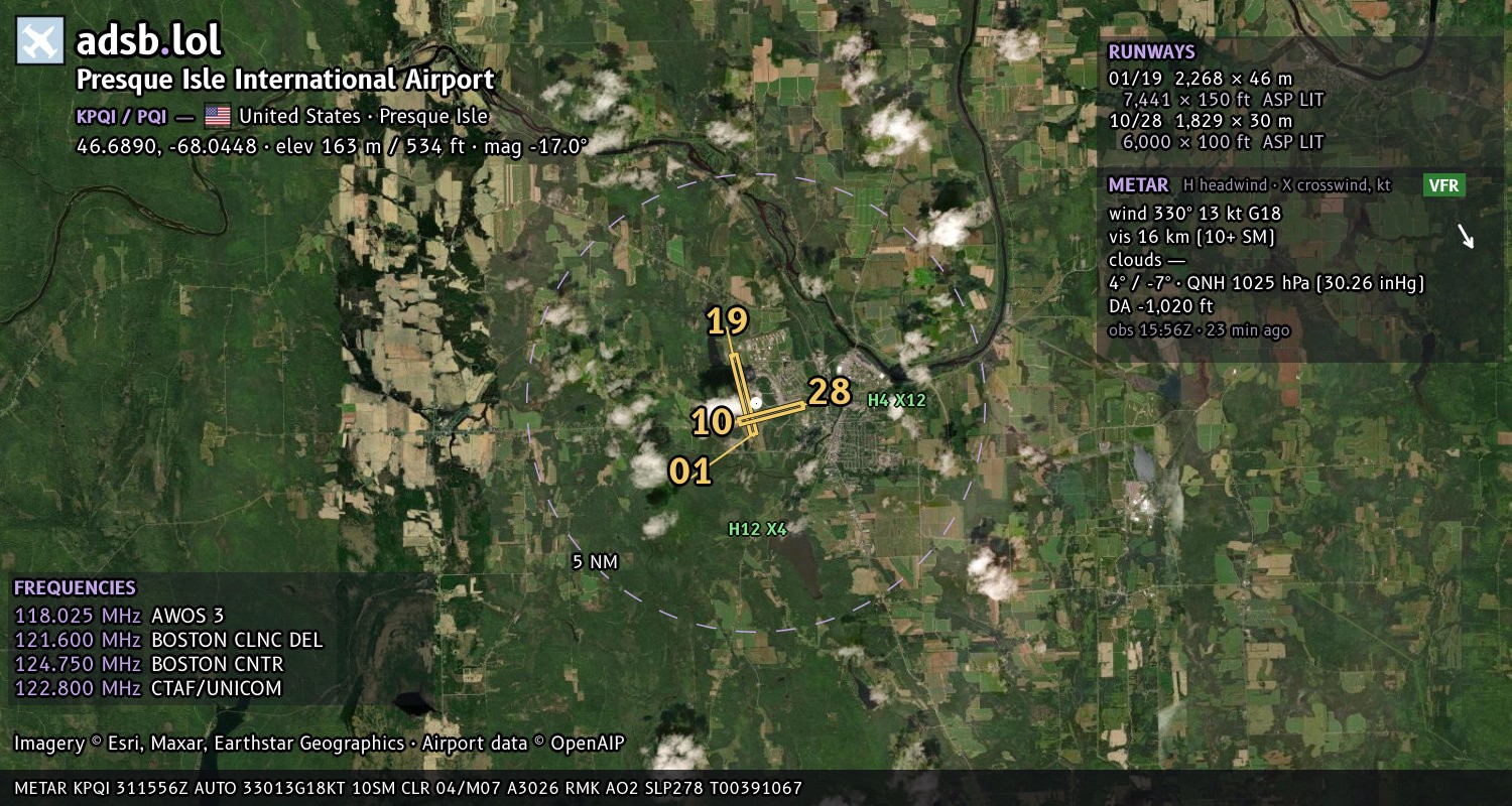 Satellite map with the runway layout of Presque Isle International Airport (KPQI)