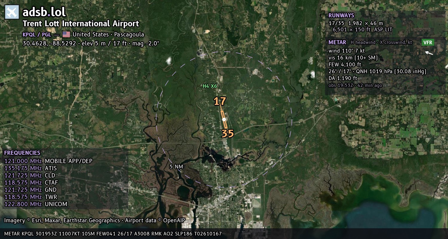 Satellite map with the runway layout of Trent Lott International Airport (KPQL)