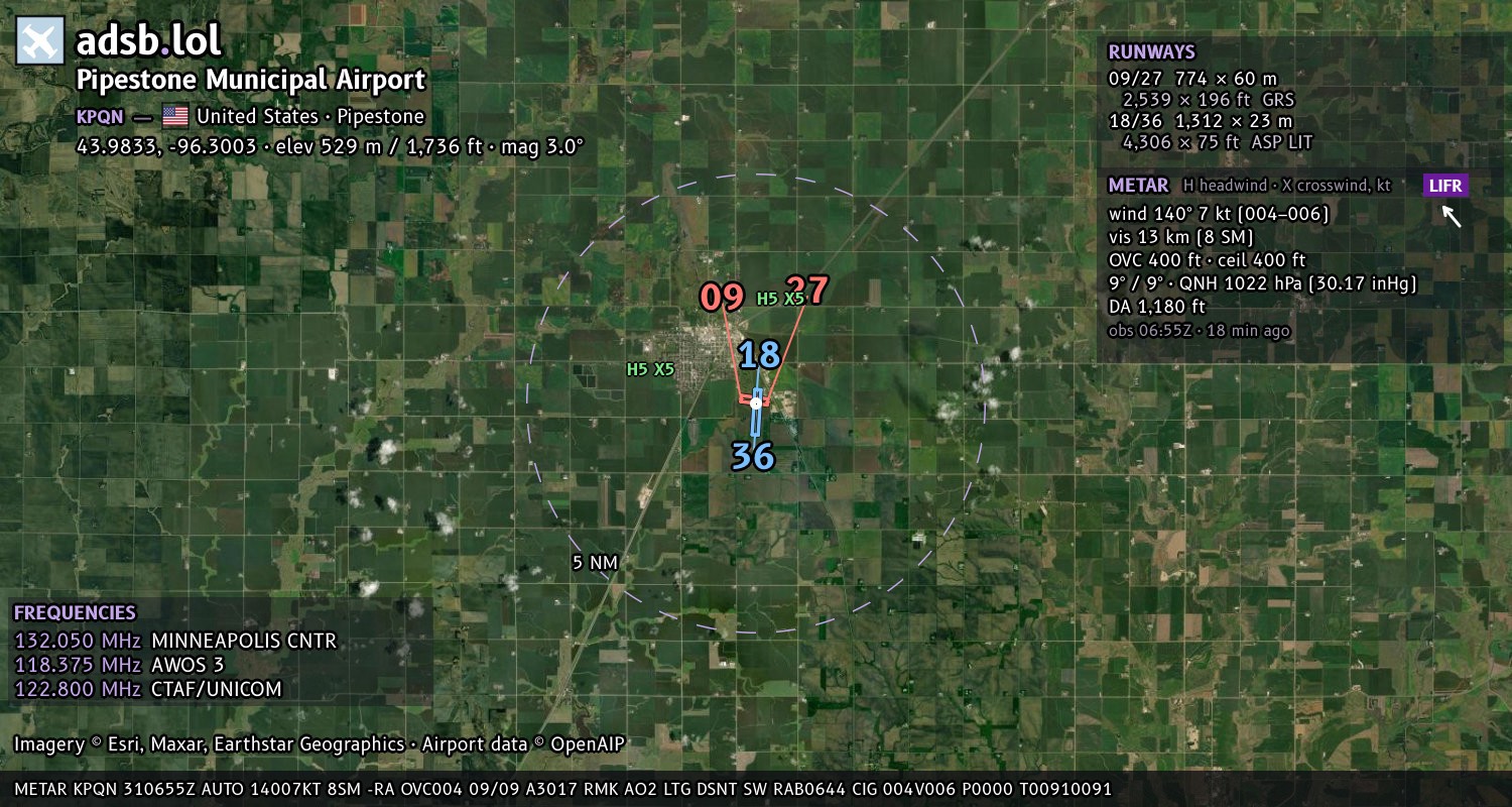Satellite map with the runway layout of Pipestone Municipal Airport (KPQN)