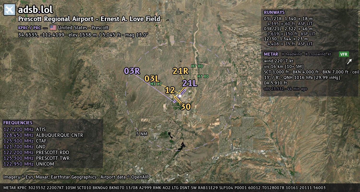 Satellite map with the runway layout of Prescott Regional Airport - Ernest A. Love Field (KPRC)