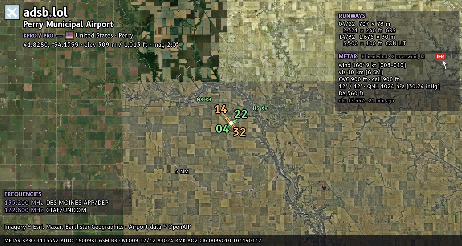 Satellite map with the runway layout of Perry Municipal Airport (KPRO)