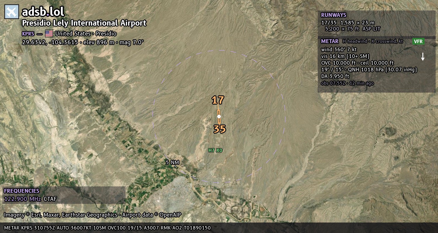 Satellite map with the runway layout of Presidio Lely International Airport (KPRS)