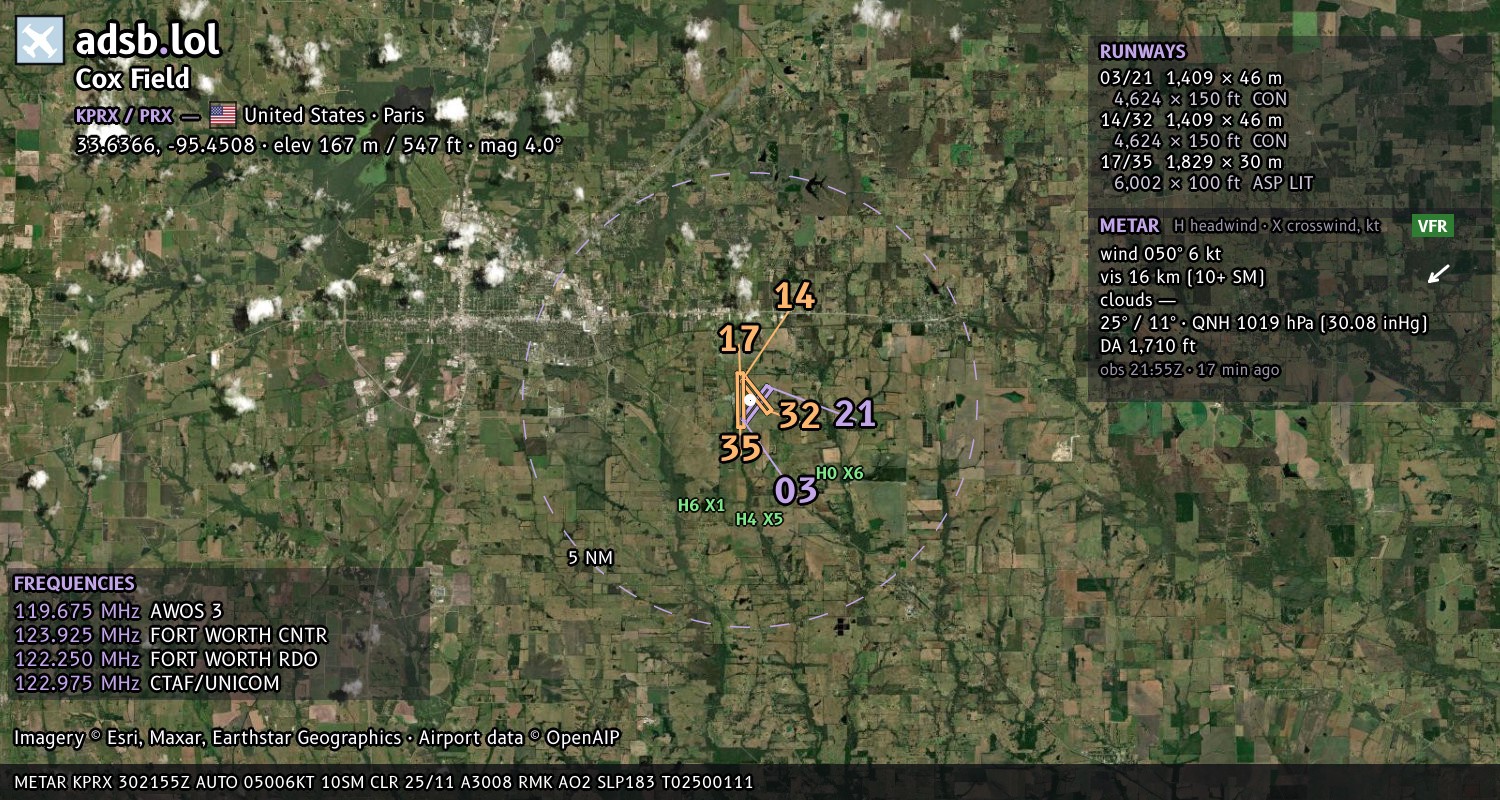 Satellite map with the runway layout of Cox Field (KPRX)