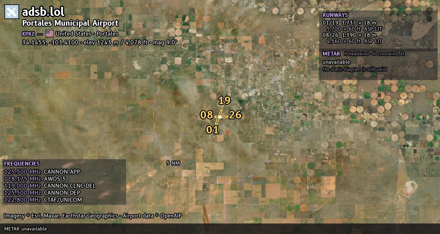 Satellite map with the runway layout of Portales Municipal Airport (KPRZ)