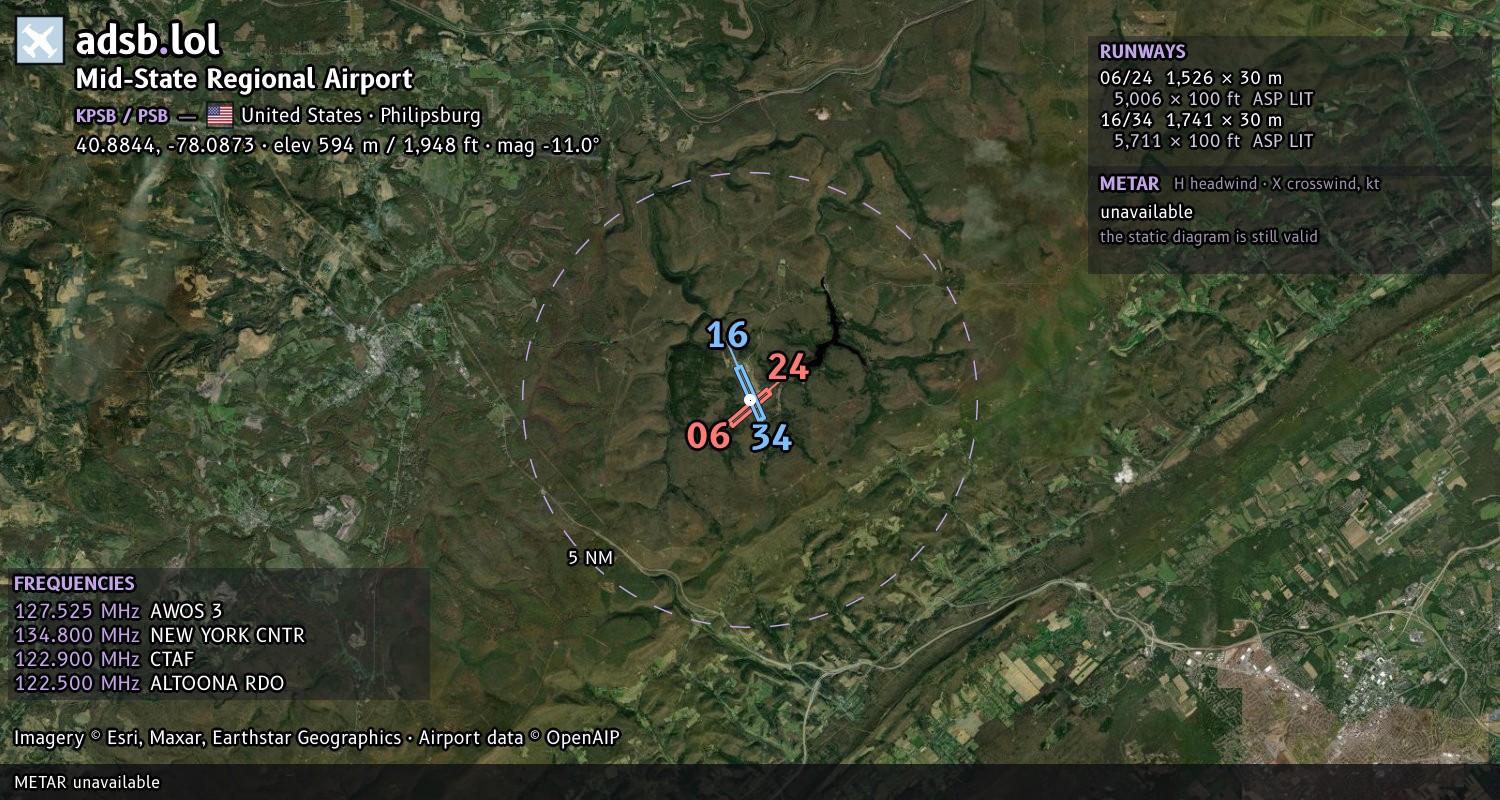 Satellite map with the runway layout of Mid-State Regional Airport (KPSB)
