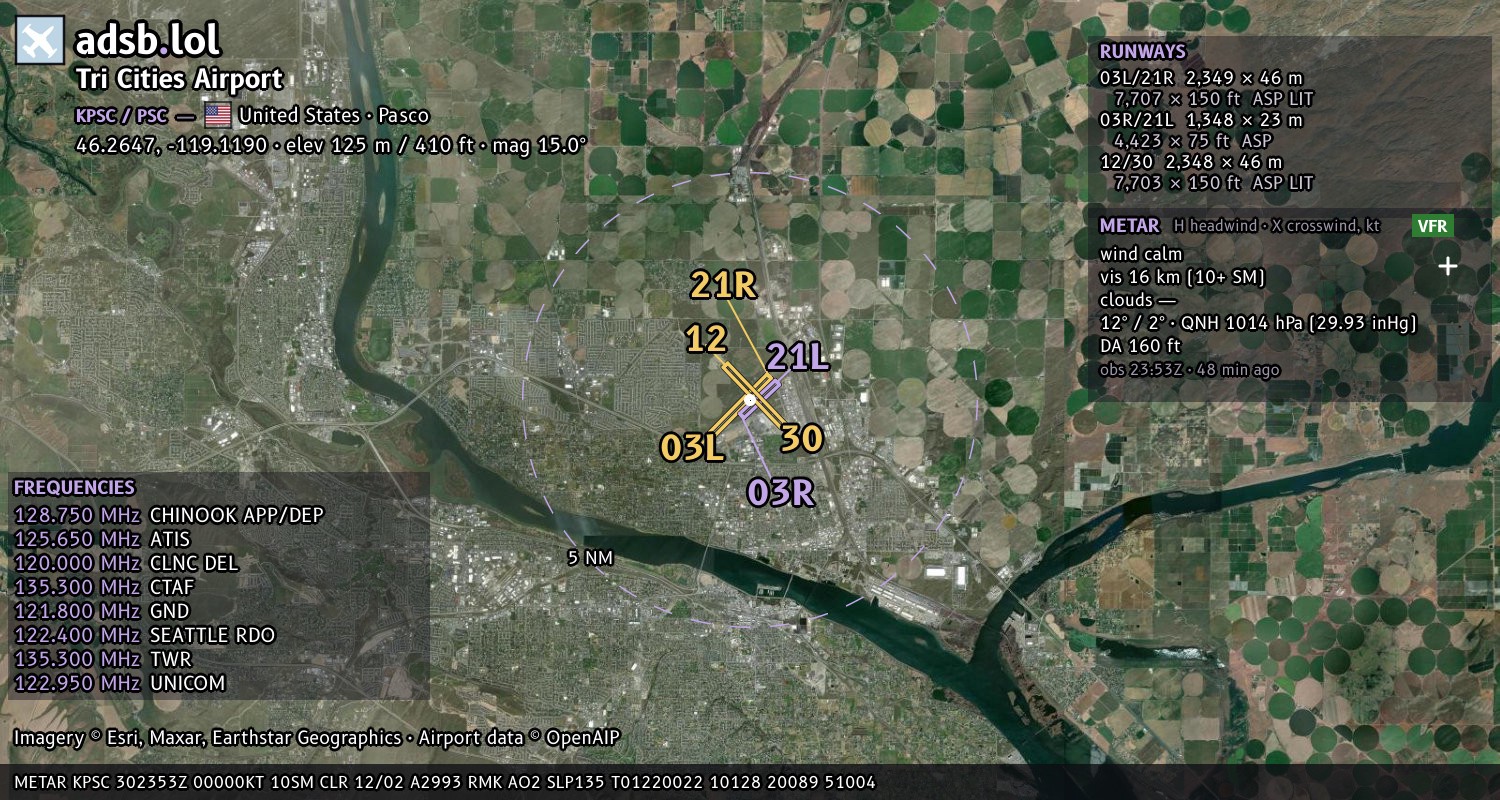 Satellite map with the runway layout of Tri Cities Airport (KPSC)