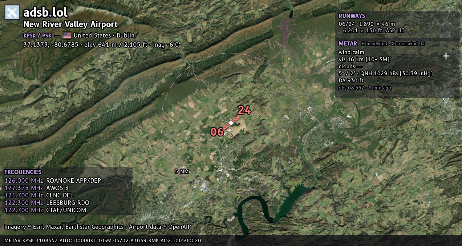 Satellite map with the runway layout of New River Valley Airport (KPSK)