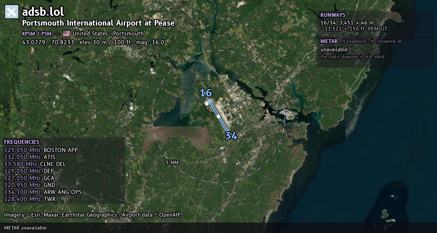 Satellite map with the runway layout of Portsmouth International Airport at Pease (KPSM)