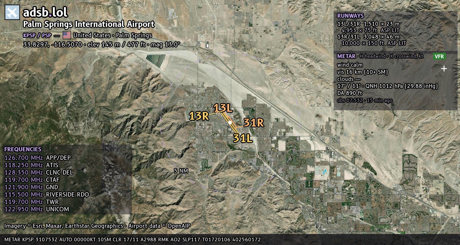 Satellite map with the runway layout of Palm Springs International Airport (KPSP)