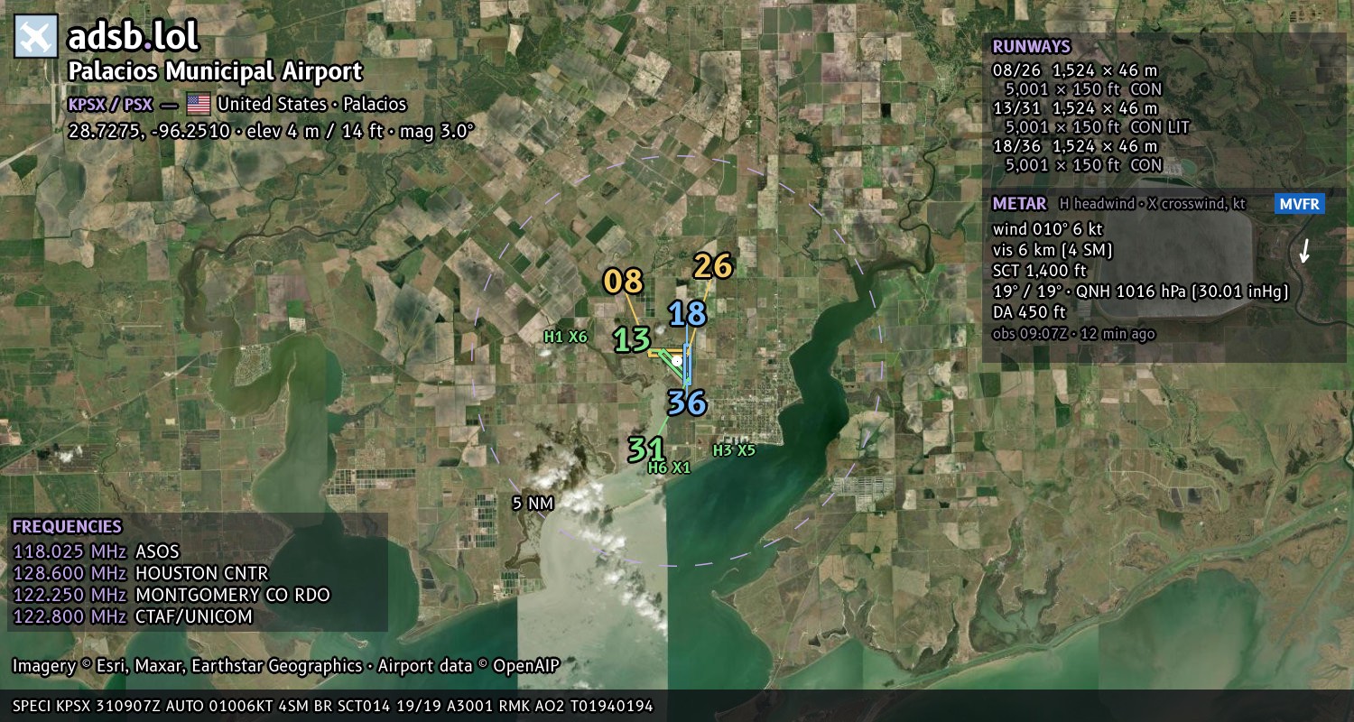 Satellite map with the runway layout of Palacios Municipal Airport (KPSX)