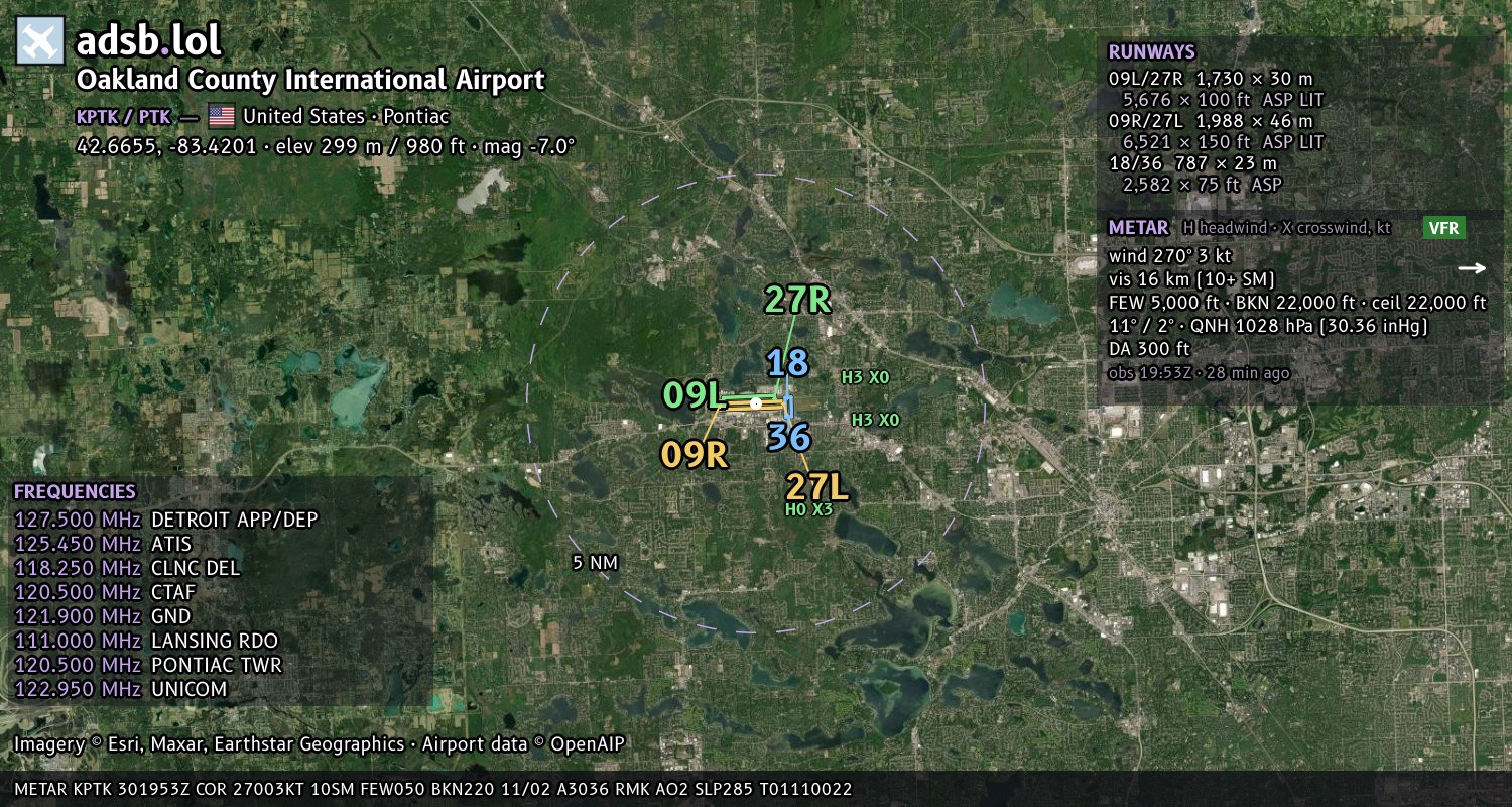 Satellite map with the runway layout of Oakland County International Airport (KPTK)