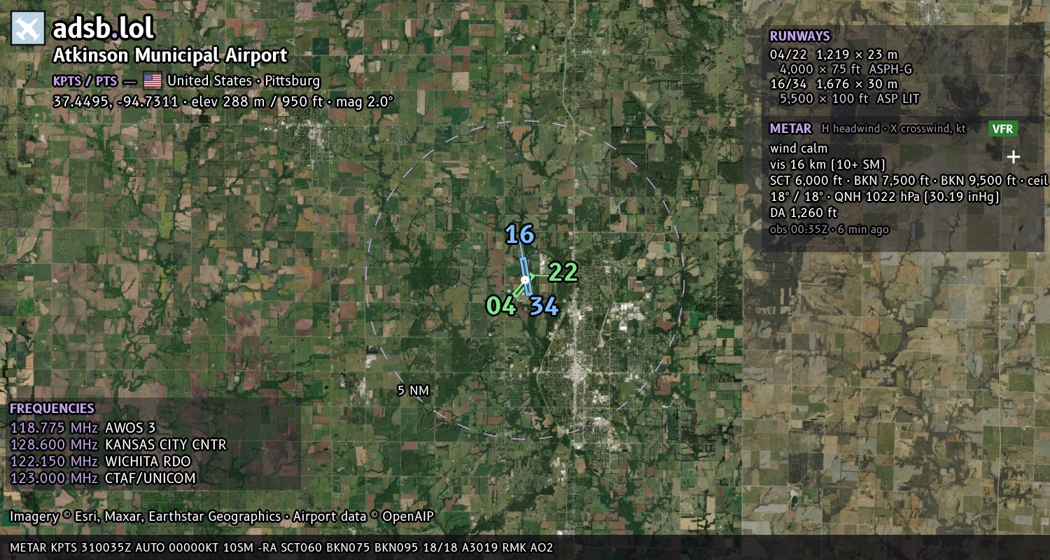 Satellite map with the runway layout of Atkinson Municipal Airport (KPTS)
