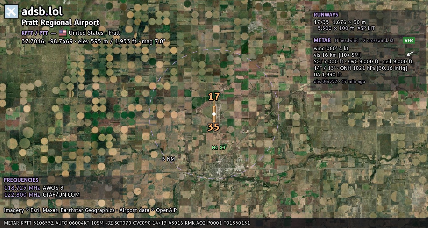 Satellite map with the runway layout of Pratt Regional Airport (KPTT)