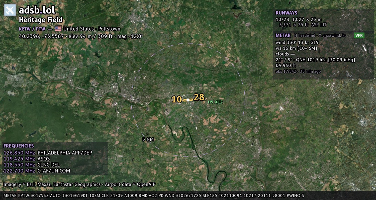 Satellite map with the runway layout of Heritage Field (KPTW)
