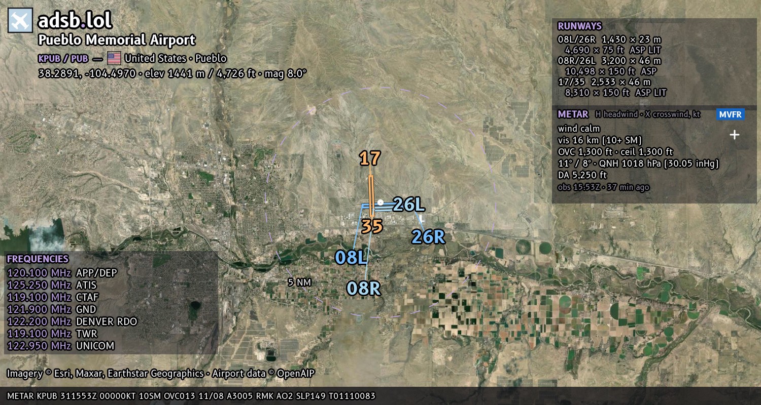Satellite map with the runway layout of Pueblo Memorial Airport (KPUB)