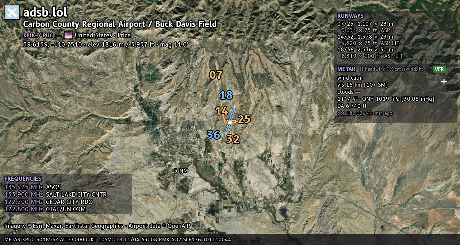 Satellite map with the runway layout of Carbon County Regional Airport / Buck Davis Field (KPUC)