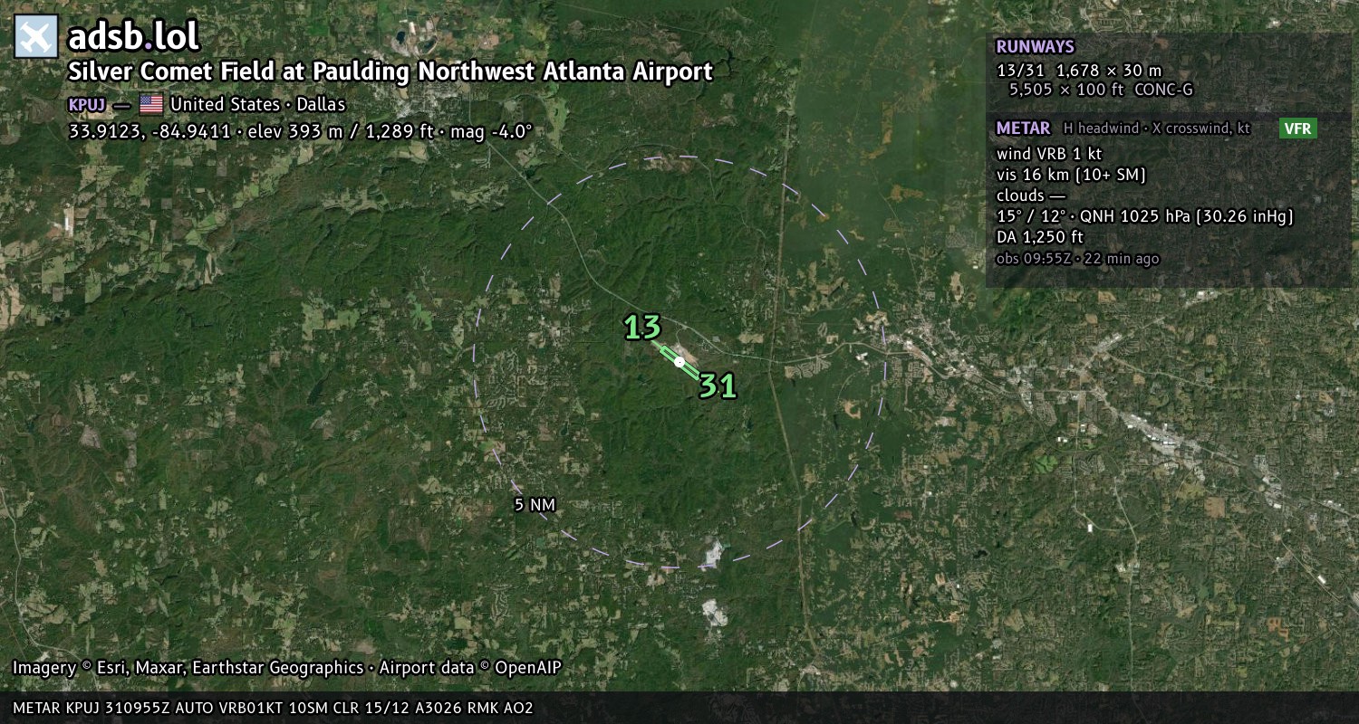 Satellite map with the runway layout of Silver Comet Field at Paulding Northwest Atlanta Airport (KPUJ)