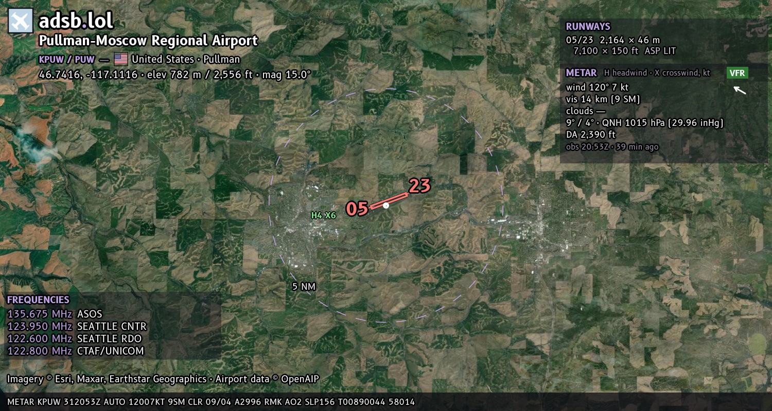 Satellite map with the runway layout of Pullman-Moscow Regional Airport (KPUW)