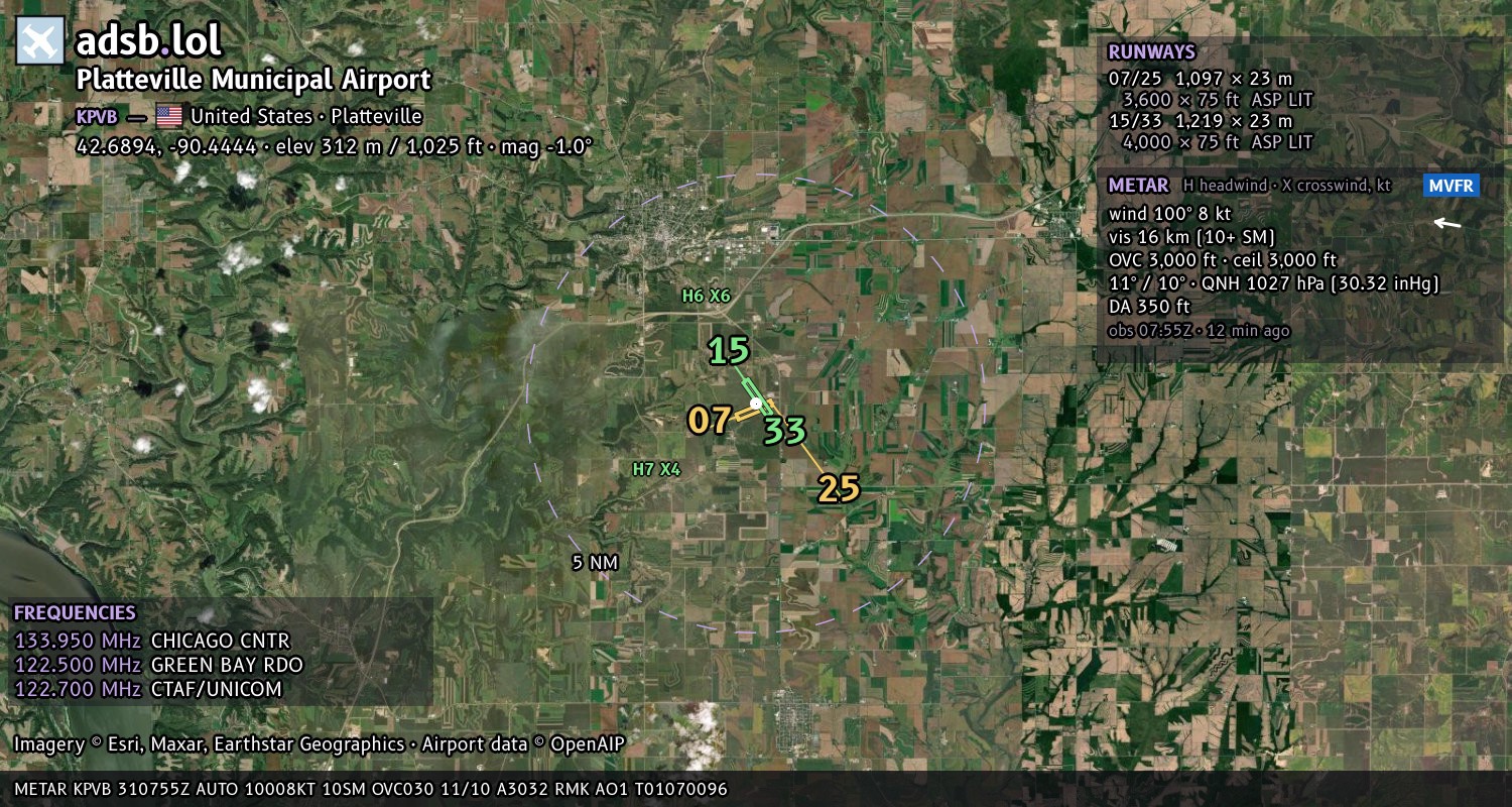 Satellite map with the runway layout of Platteville Municipal Airport (KPVB)
