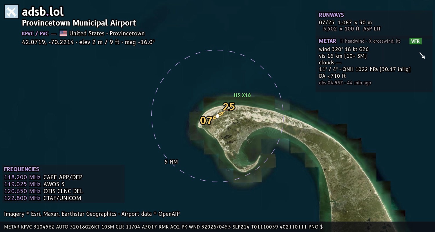 Satellite map with the runway layout of Provincetown Municipal Airport (KPVC)