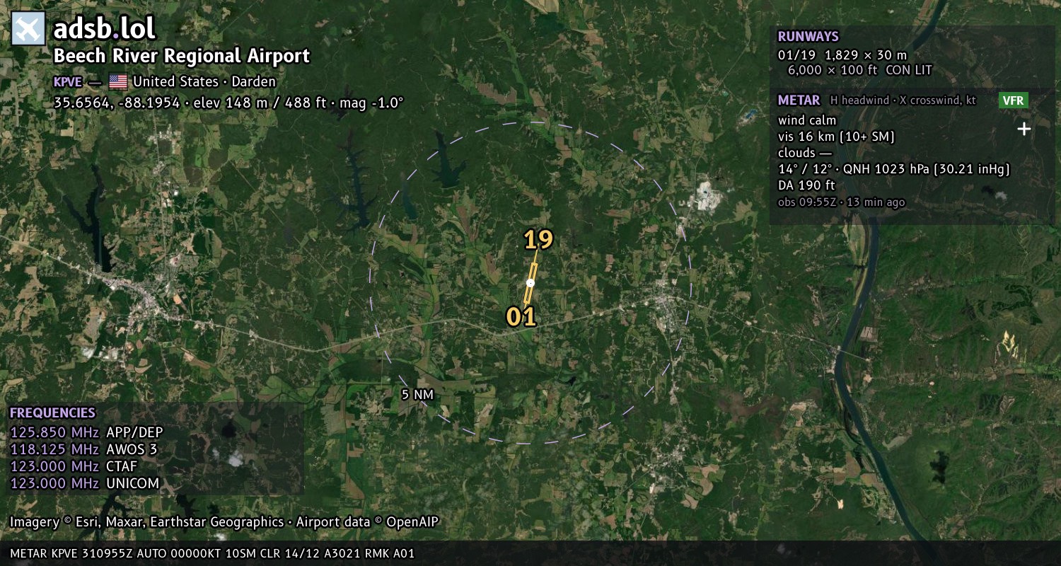 Satellite map with the runway layout of Beech River Regional Airport (KPVE)
