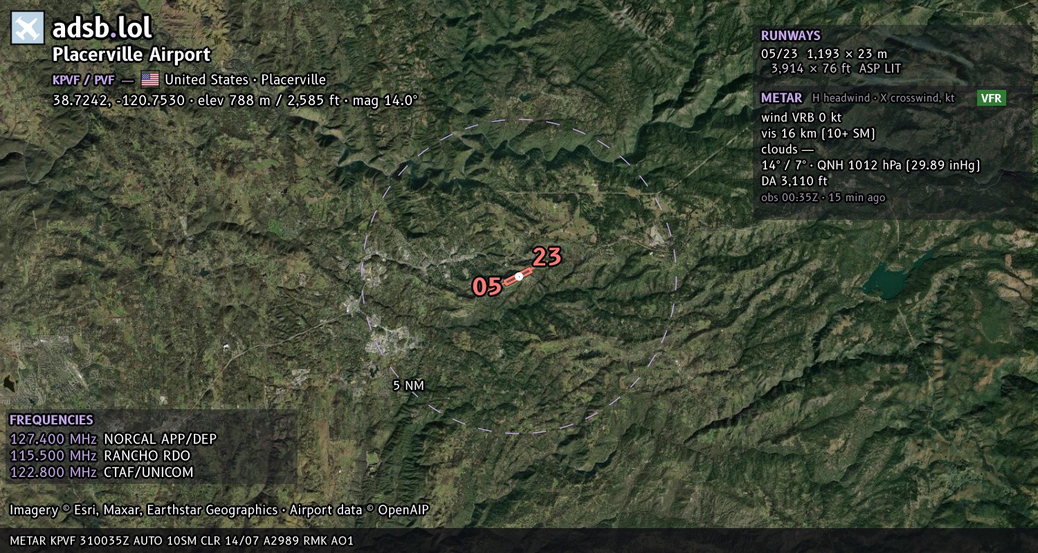 Satellite map with the runway layout of Placerville Airport (KPVF)