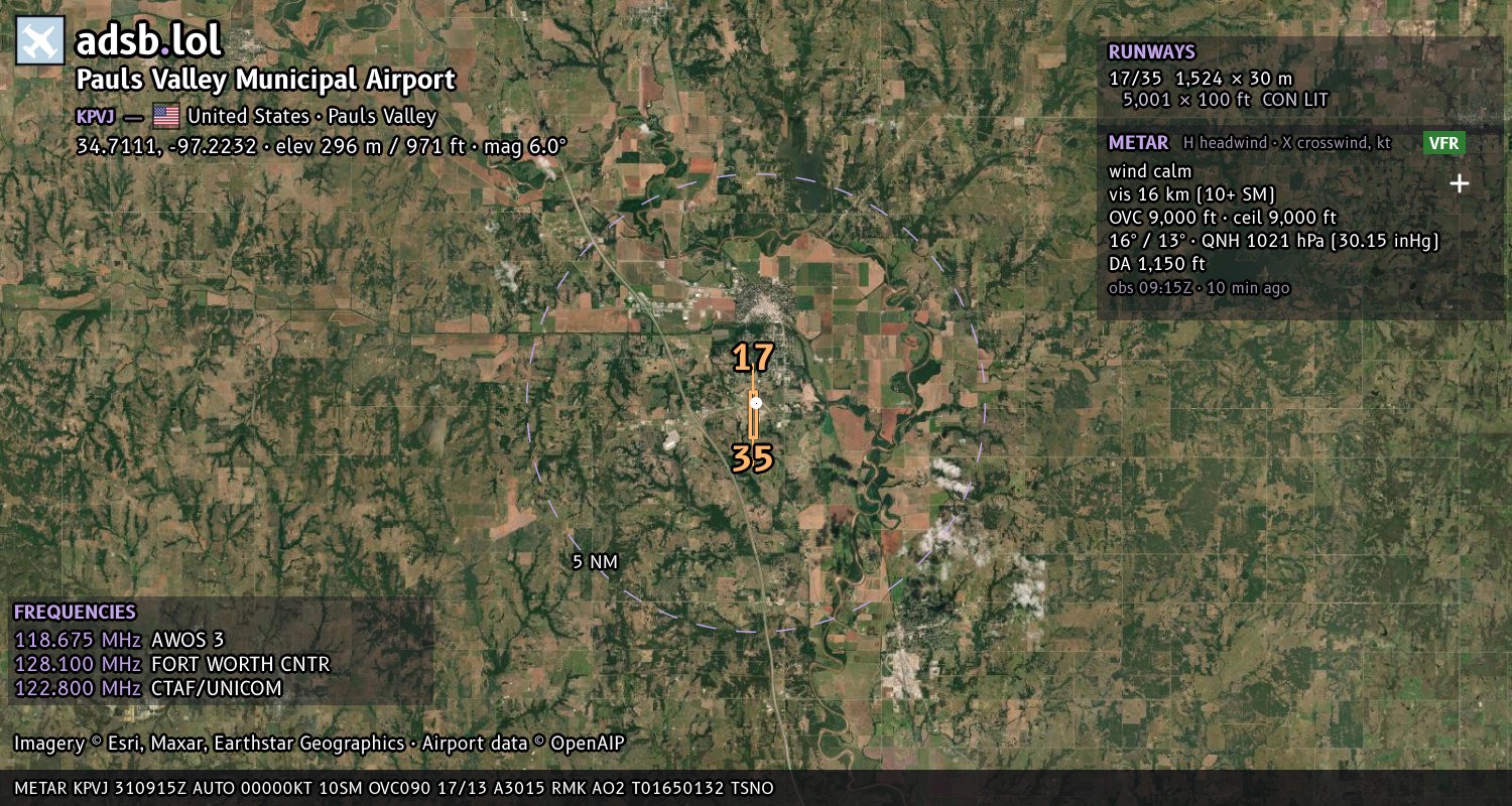 Satellite map with the runway layout of Pauls Valley Municipal Airport (KPVJ)