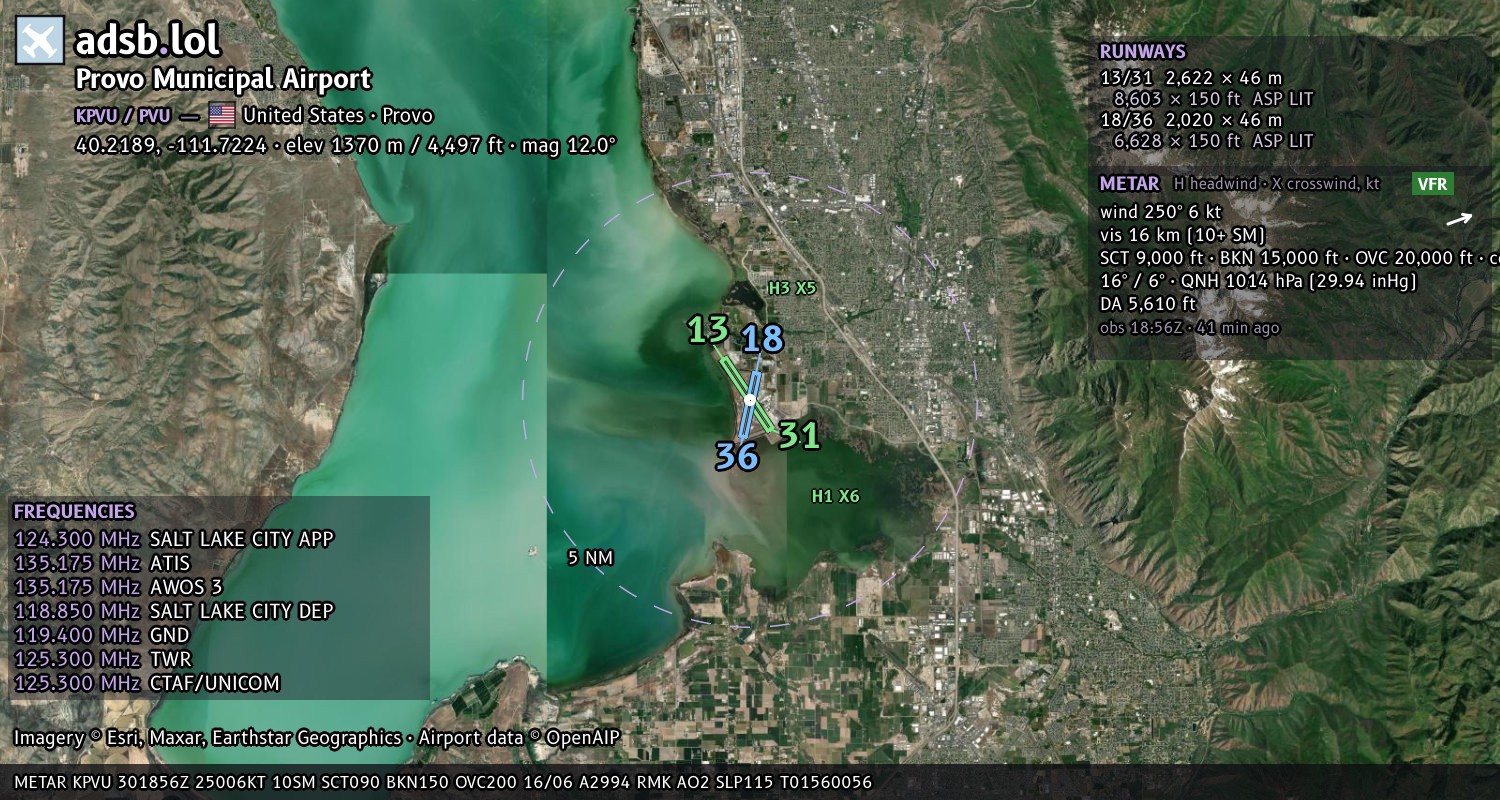 Satellite map with the runway layout of Provo Municipal Airport (KPVU)