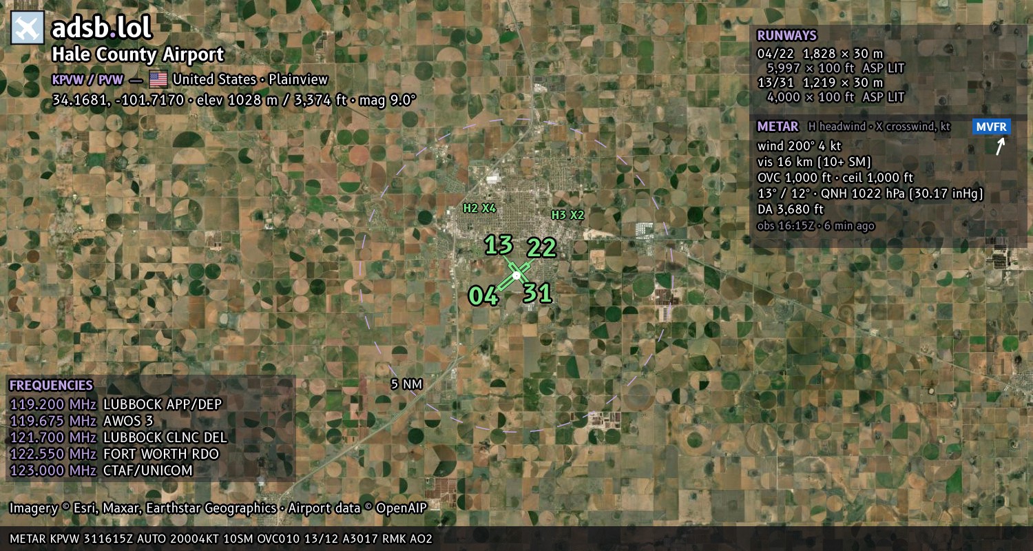 Satellite map with the runway layout of Hale County Airport (KPVW)
