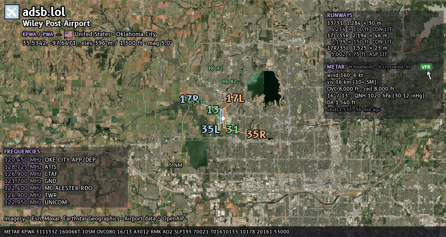 Satellite map with the runway layout of Wiley Post Airport (KPWA)