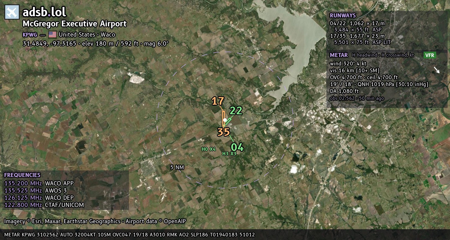 Satellite map with the runway layout of McGregor Executive Airport (KPWG)