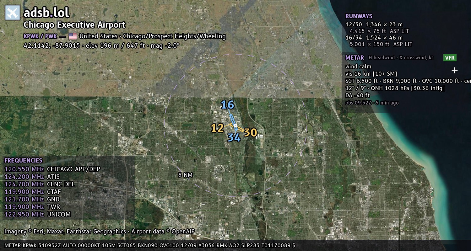 Satellite map with the runway layout of Chicago Executive Airport (KPWK)