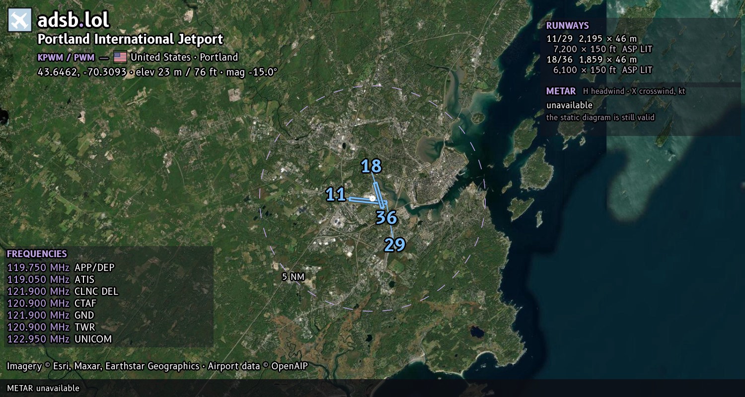 Satellite map with the runway layout of Portland International Jetport (KPWM)