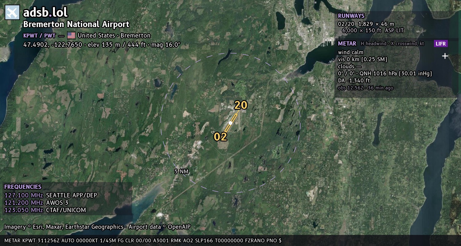 Satellite map with the runway layout of Bremerton National Airport (KPWT)