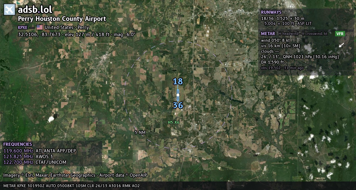 Satellite map with the runway layout of Perry Houston County Airport (KPXE)