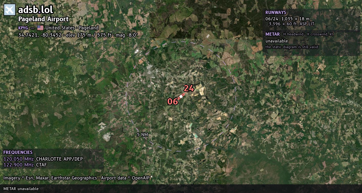 Satellite map with the runway layout of Pageland Airport (KPYG)
