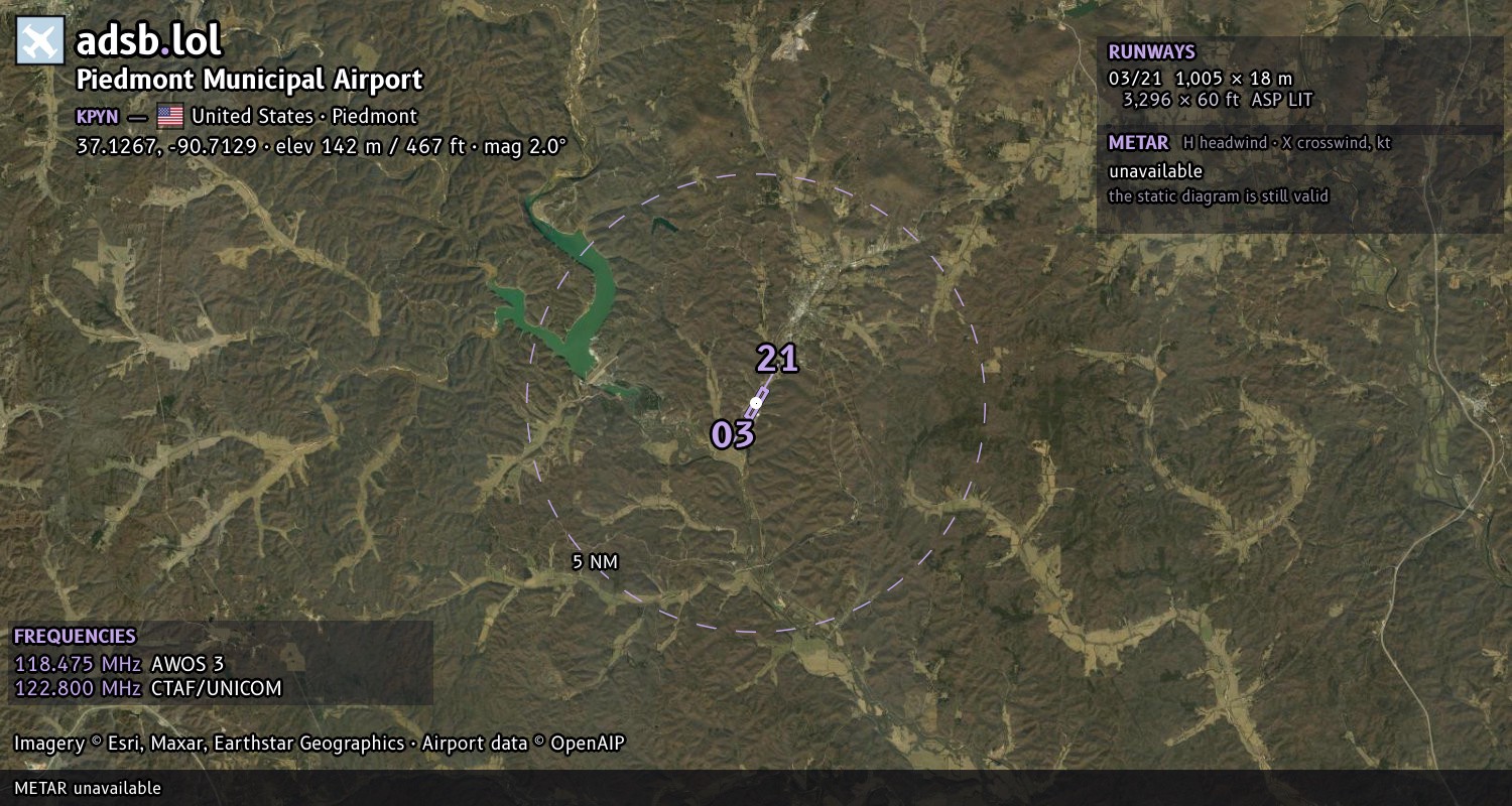 Satellite map with the runway layout of Piedmont Municipal Airport (KPYN)