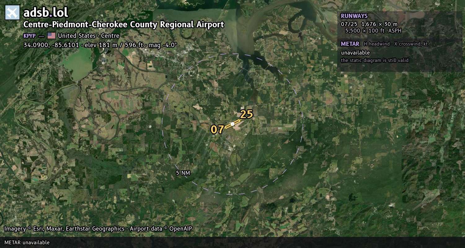 Satellite map with the runway layout of Centre-Piedmont-Cherokee County Regional Airport (KPYP)