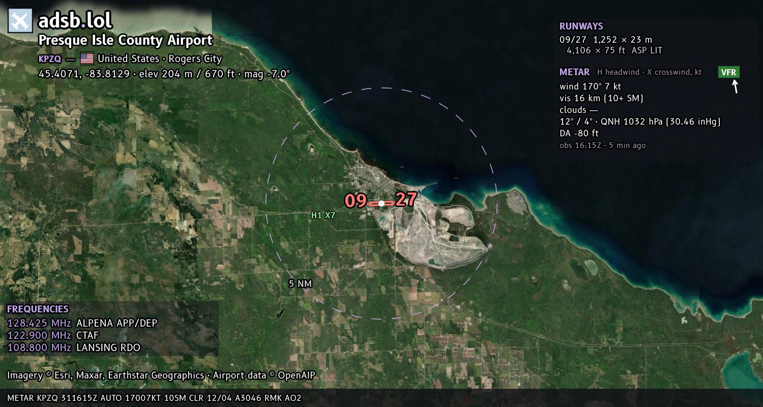 Satellite map with the runway layout of Presque Isle County Airport (KPZQ)