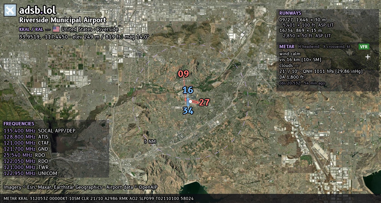 Satellite map with the runway layout of Riverside Municipal Airport (KRAL)