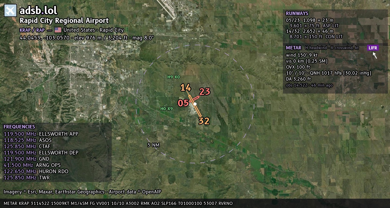Satellite map with the runway layout of Rapid City Regional Airport (KRAP)
