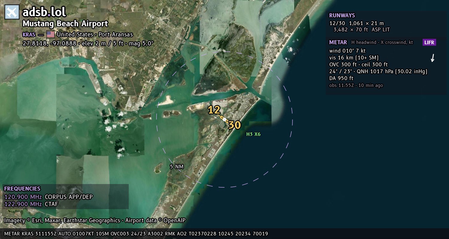Satellite map with the runway layout of Mustang Beach Airport (KRAS)